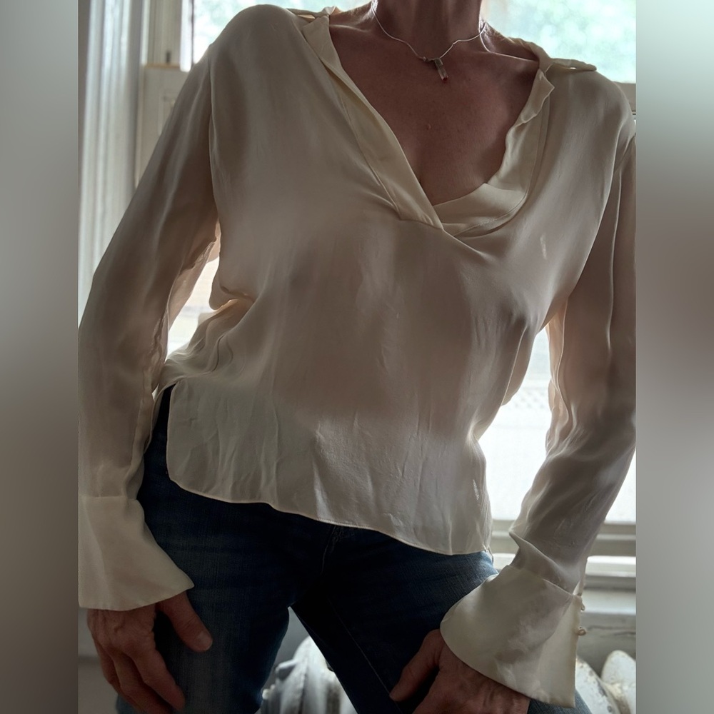 ZARA WOMAN Cream 100% Silk Blouse Size M Made in Morocco